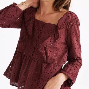 Madewell Burgundy Pom Pom Eyelet Blouse Misses size S